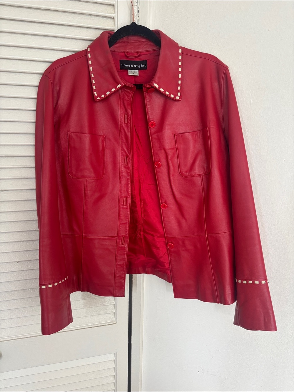 Bianca Nygård Genuine Red Leather Button-Front Jacket with Stitch Trim